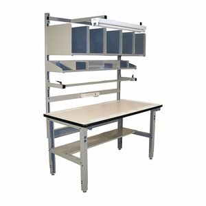 Packing Table: 750 lb Wt Capacity, 30 in Min Tabletop Ht, 36 in Max Tabletop Ht, Laminate, Gray
