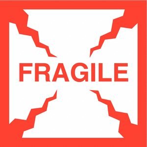Instructional Handling Label: Fragile, 4 in x 4 in, White, 500 Labels per Roll, 500 PK