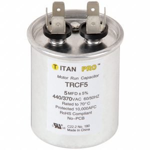 TITAN PRO Motor Run Capacitor: Round, 440/370V AC, 5 MFD, 1 3/4 in Overall Dia, 2 5/8 in Overall Ht